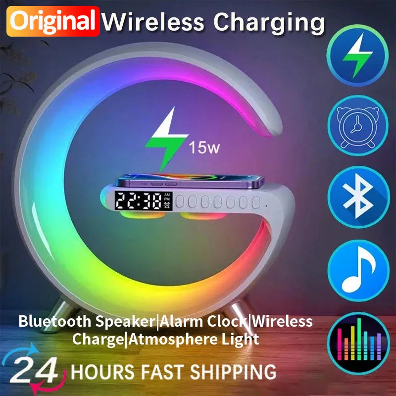 RGB Wireless Charger Smart Wireless Bluetooth Speakers Sunrise Alarm Clock & Wake Up Light 15W Fast Charging Dock Station
