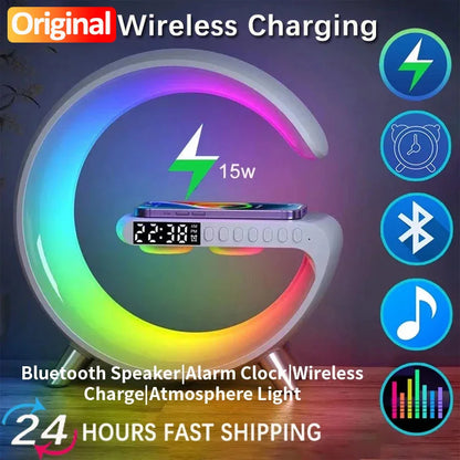 RGB Wireless Charger Smart Wireless Bluetooth Speakers Sunrise Alarm Clock & Wake Up Light 15W Fast Charging Dock Station