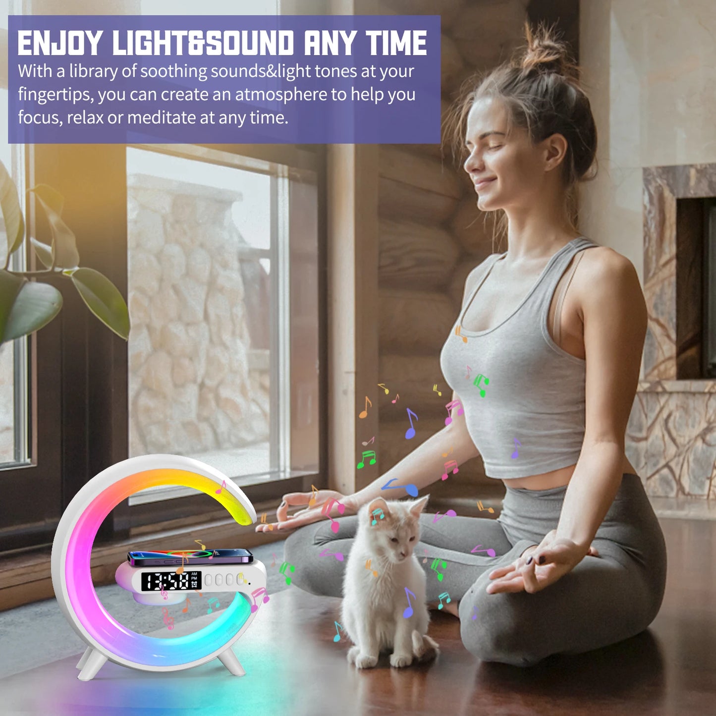 RGB Wireless Charger Smart Wireless Bluetooth Speakers Sunrise Alarm Clock & Wake Up Light 15W Fast Charging Dock Station