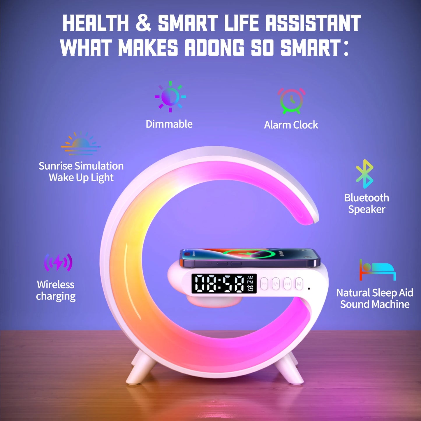 RGB Wireless Charger Smart Wireless Bluetooth Speakers Sunrise Alarm Clock & Wake Up Light 15W Fast Charging Dock Station