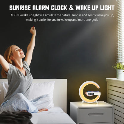 RGB Wireless Charger Smart Wireless Bluetooth Speakers Sunrise Alarm Clock & Wake Up Light 15W Fast Charging Dock Station