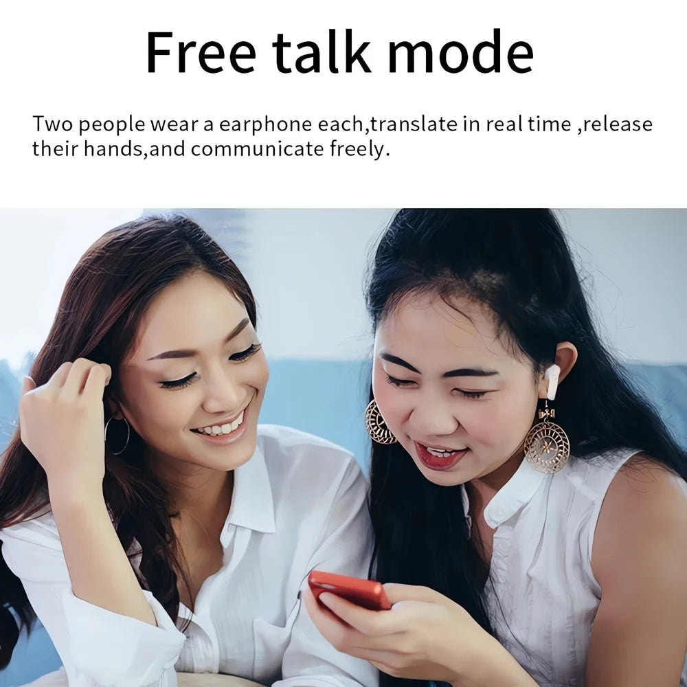 Translator earbuds connected to a smartphone for seamless language translation